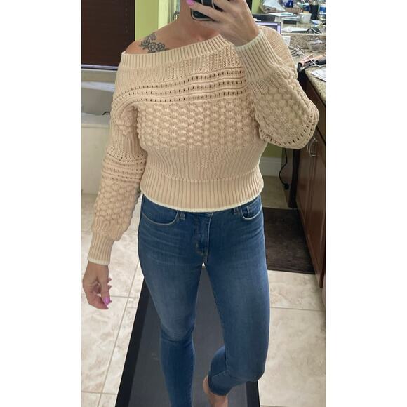Tularosa Off Shoulder Pointelle Sweater in Nude XS taupe beige - Picture 7 of 7